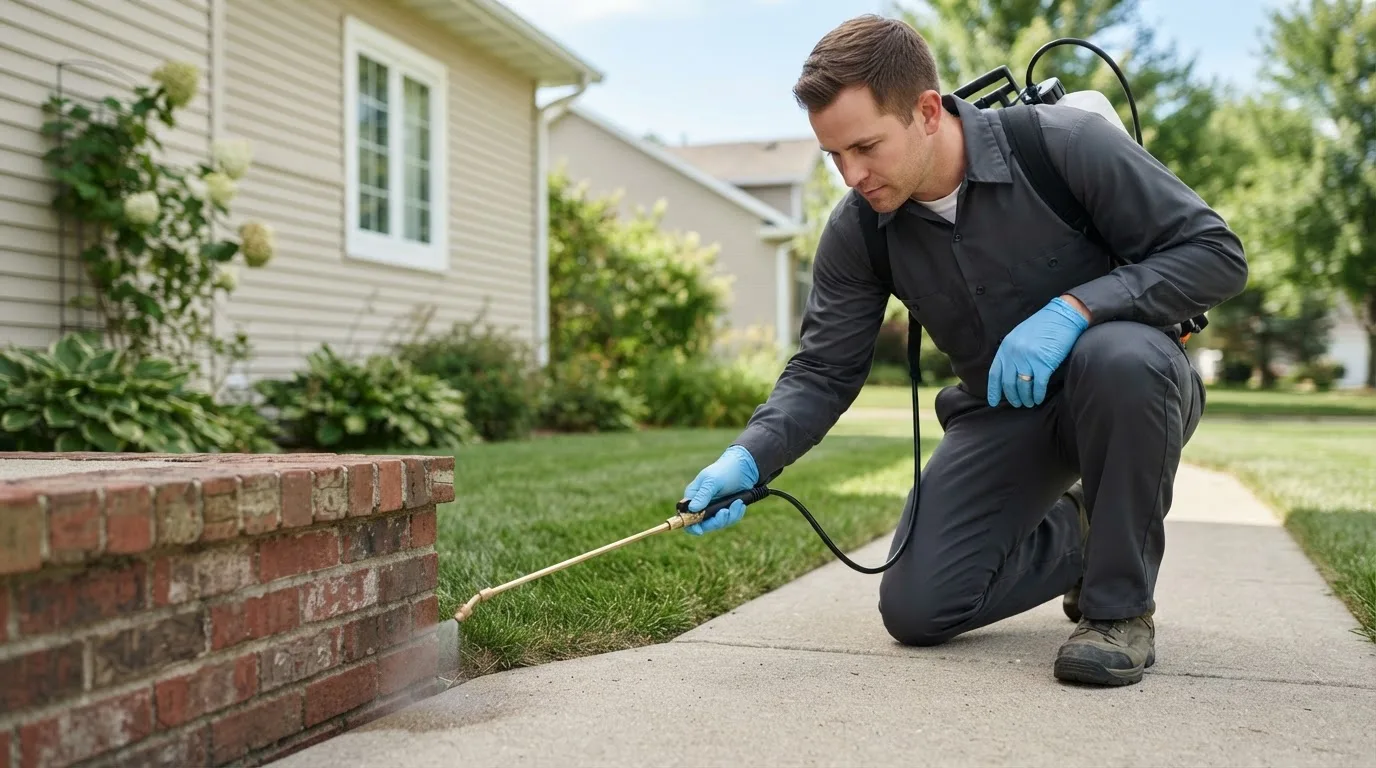 Pest control technician treating a home near Randalia, IA