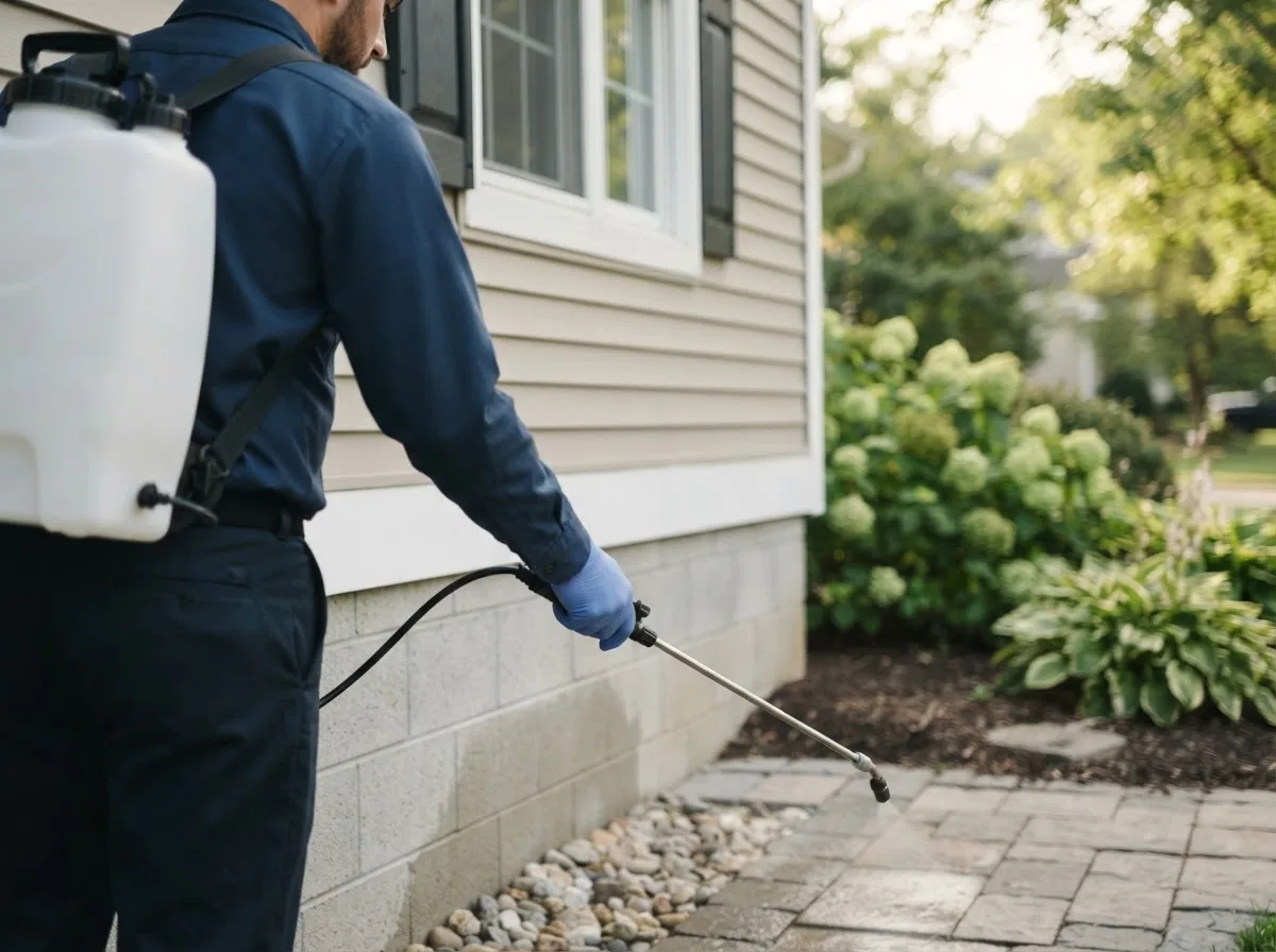 Pest control technician inspecting a home in Randalia, IA